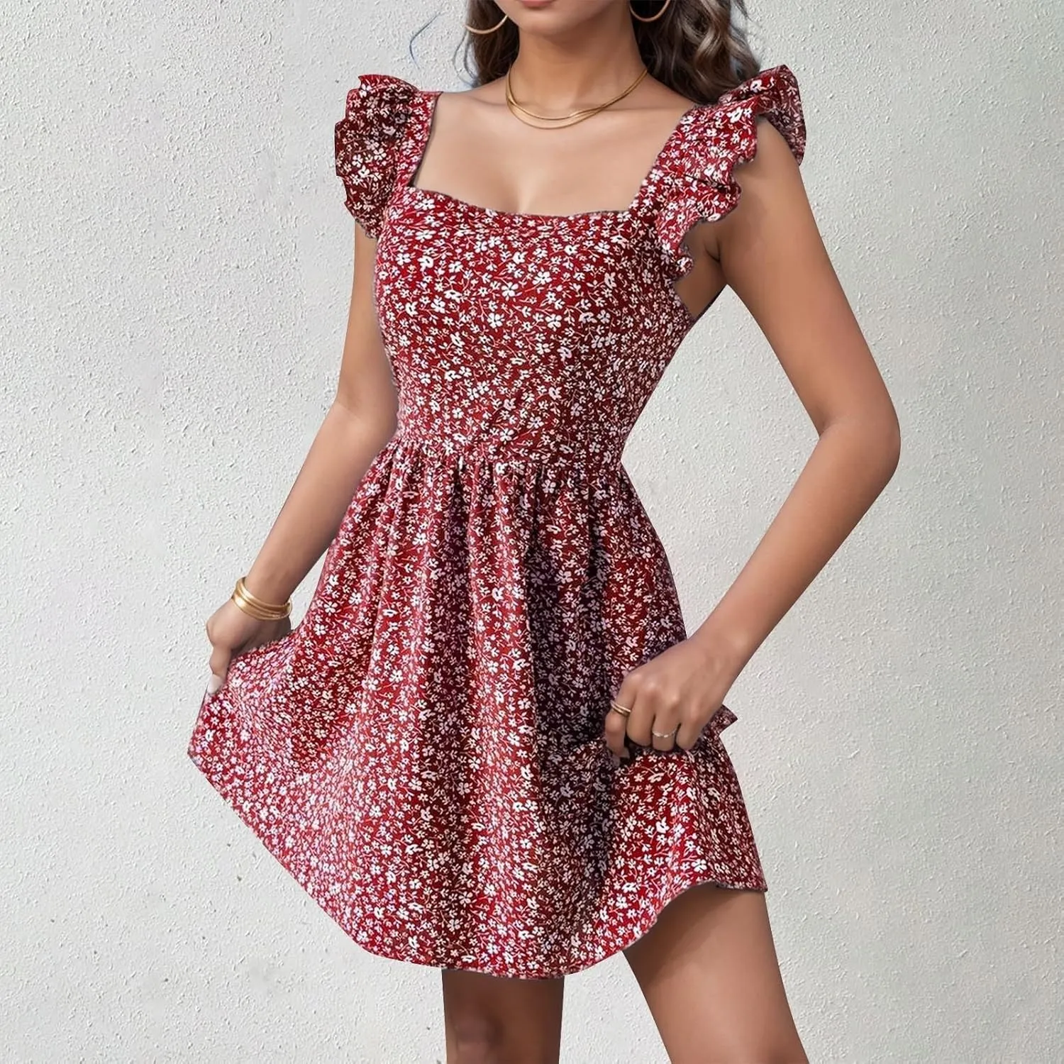 Womens Square Neck Ruffle Strap Mini Dresses 2024 Summer Beach Holiday Dress High Waist Tunic Floral Bohemia Elegant Sundress
