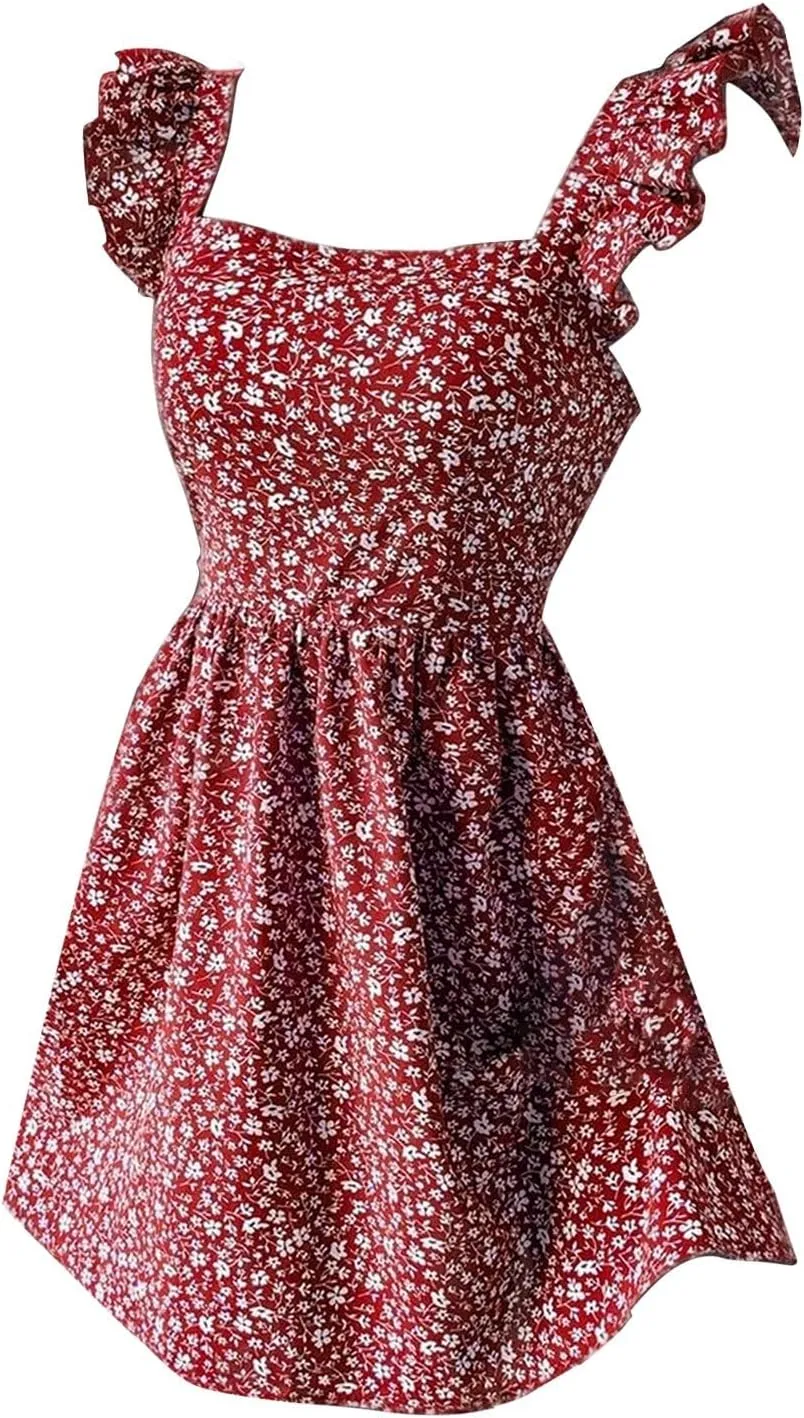 Womens Square Neck Ruffle Strap Mini Dresses 2024 Summer Beach Holiday Dress High Waist Tunic Floral Bohemia Elegant Sundress
