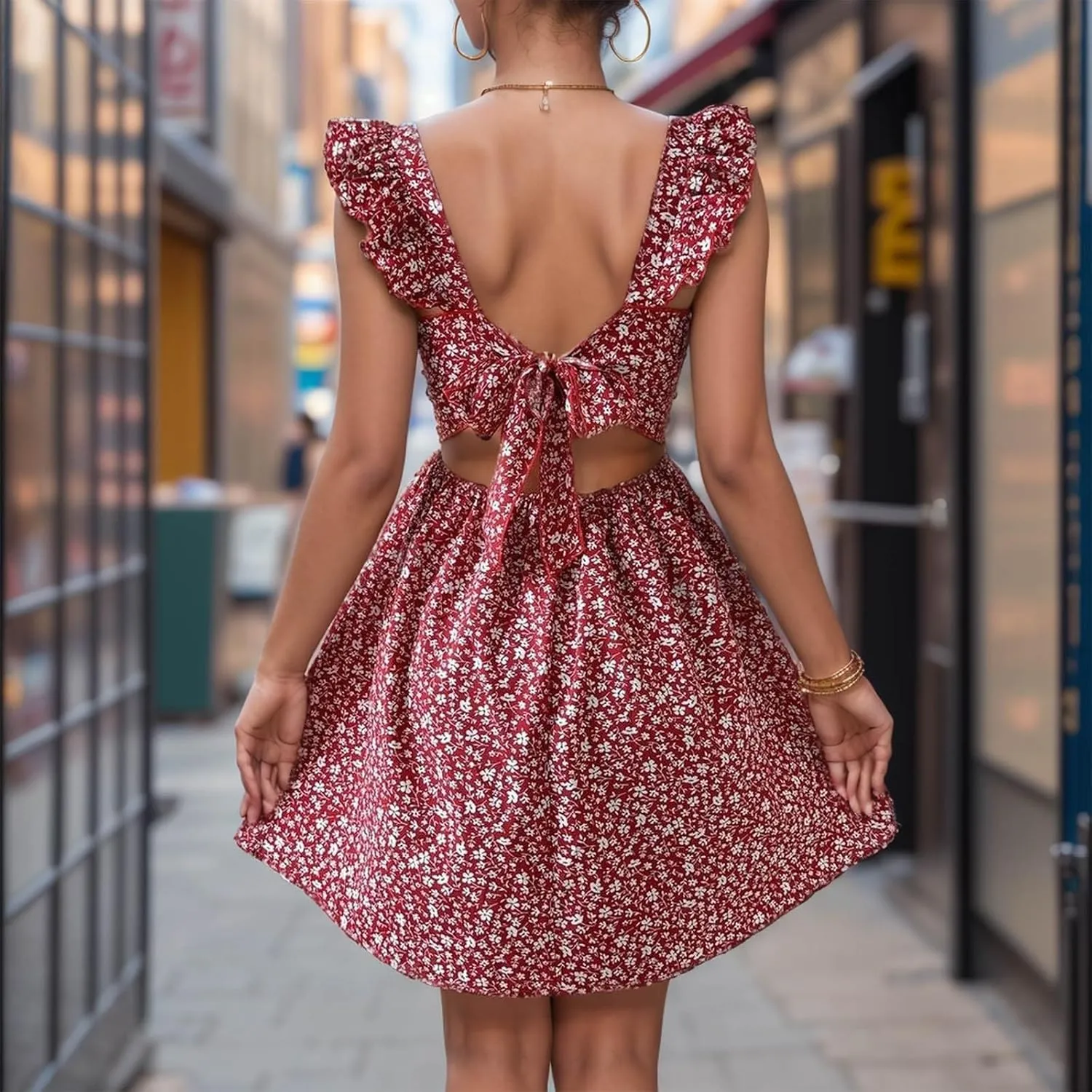Womens Square Neck Ruffle Strap Mini Dresses 2024 Summer Beach Holiday Dress High Waist Tunic Floral Bohemia Elegant Sundress