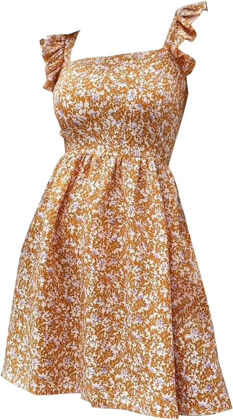 Womens Square Neck Ruffle Strap Mini Dresses 2024 Summer Beach Holiday Dress High Waist Tunic Floral Bohemia Elegant Sundress