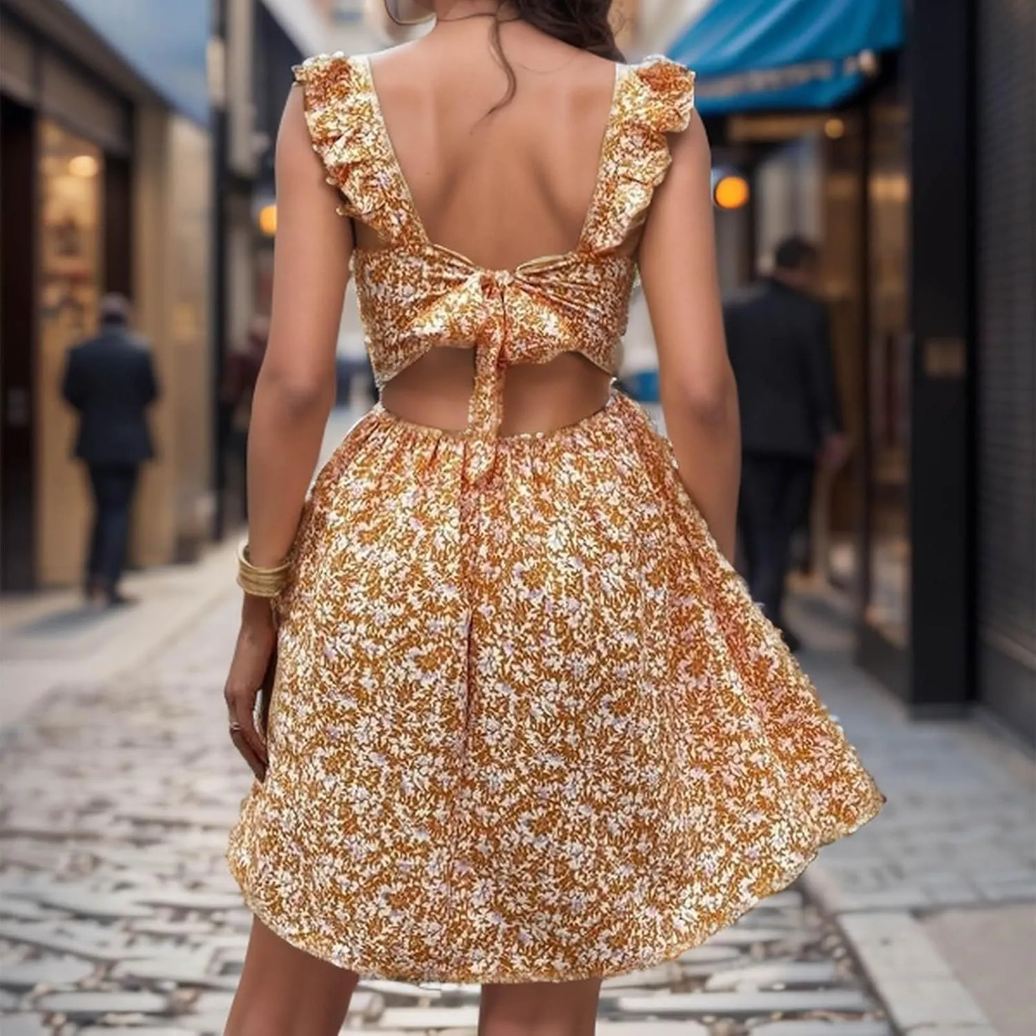 Womens Square Neck Ruffle Strap Mini Dresses 2024 Summer Beach Holiday Dress High Waist Tunic Floral Bohemia Elegant Sundress
