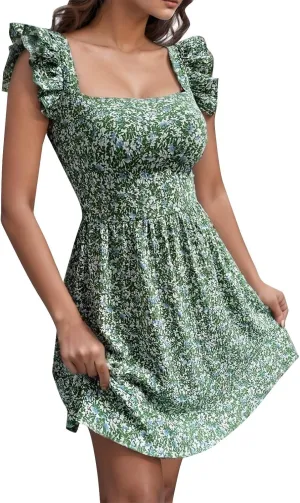 Womens Square Neck Ruffle Strap Mini Dresses 2024 Summer Beach Holiday Dress High Waist Tunic Floral Bohemia Elegant Sundress