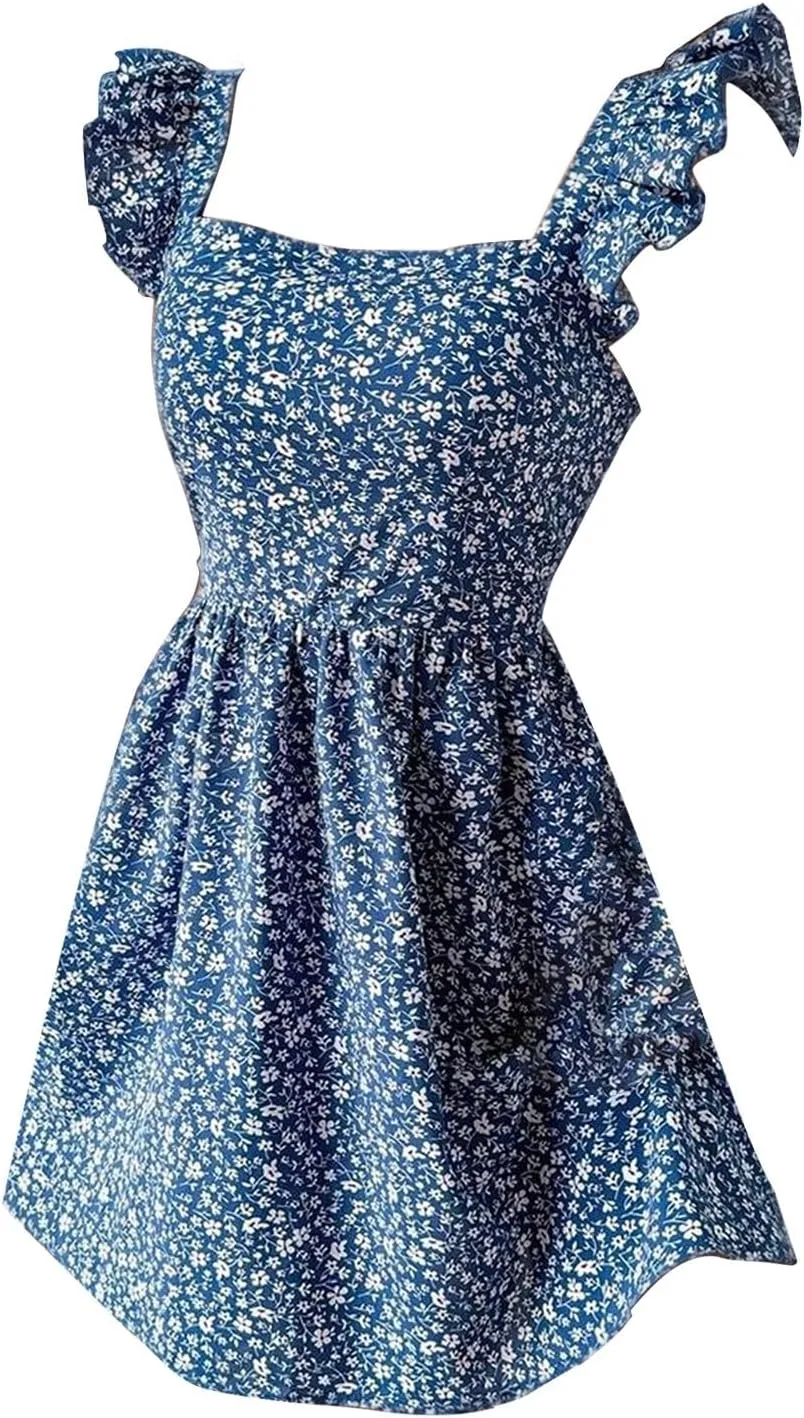 Womens Square Neck Ruffle Strap Mini Dresses High Waist Tunic Floral Bohemia Elegant Sundress 2024 Summer Beach Holiday Dress