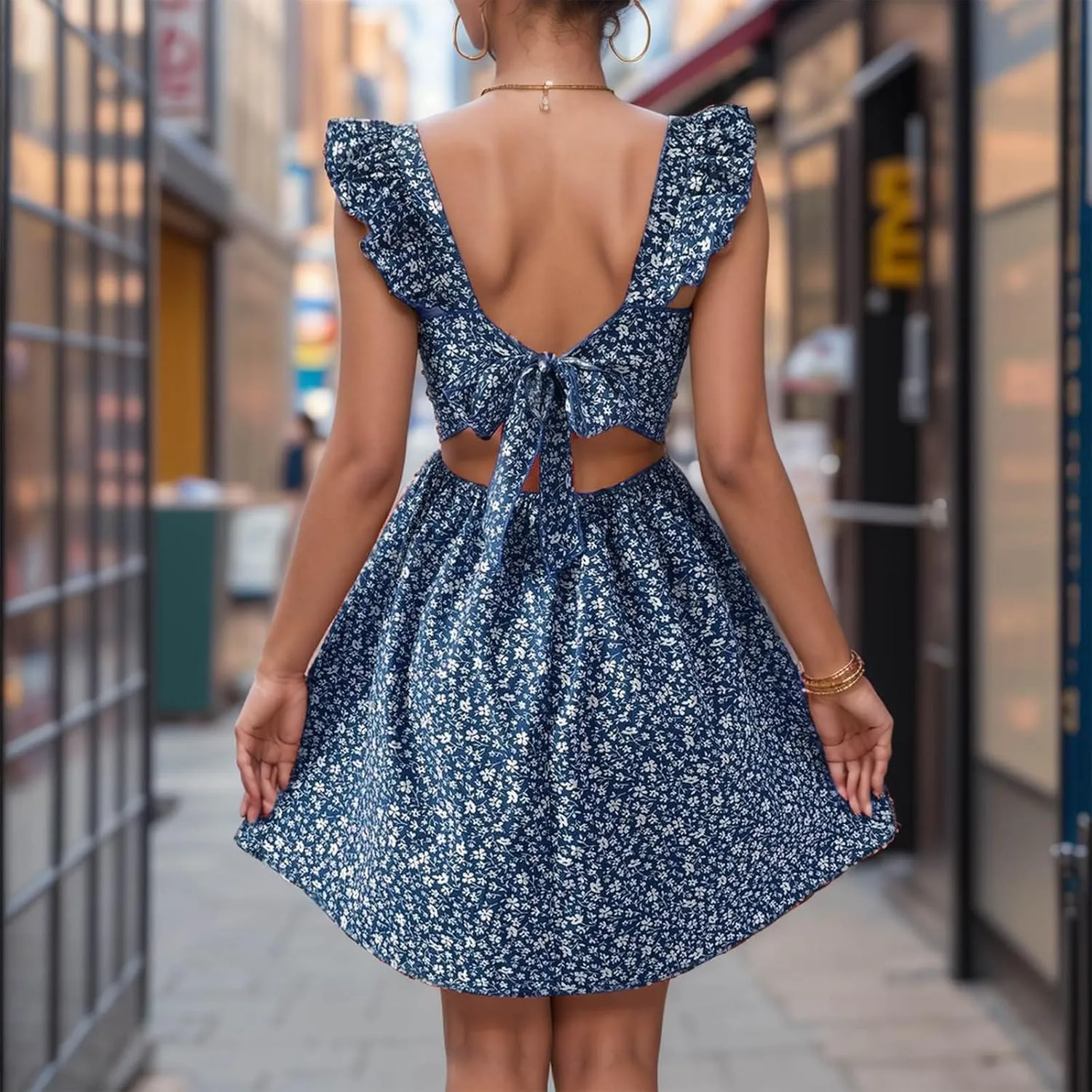 Womens Square Neck Ruffle Strap Mini Dresses High Waist Tunic Floral Bohemia Elegant Sundress 2024 Summer Beach Holiday Dress