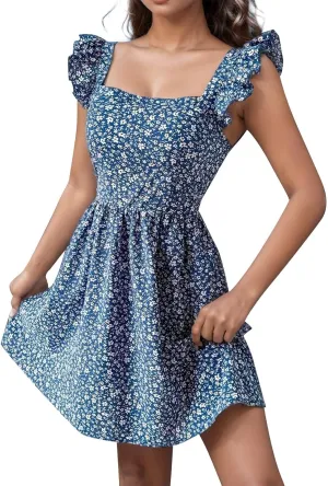 Womens Square Neck Ruffle Strap Mini Dresses High Waist Tunic Floral Bohemia Elegant Sundress 2024 Summer Beach Holiday Dress