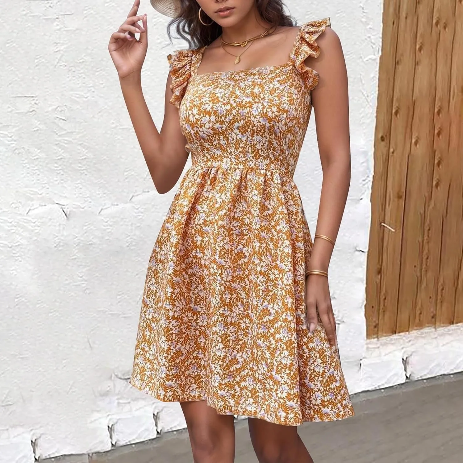 Womens Square Neck Ruffle Strap Mini Dresses High Waist Tunic Floral Bohemia Elegant Sundress 2024 Summer Beach Holiday Dress