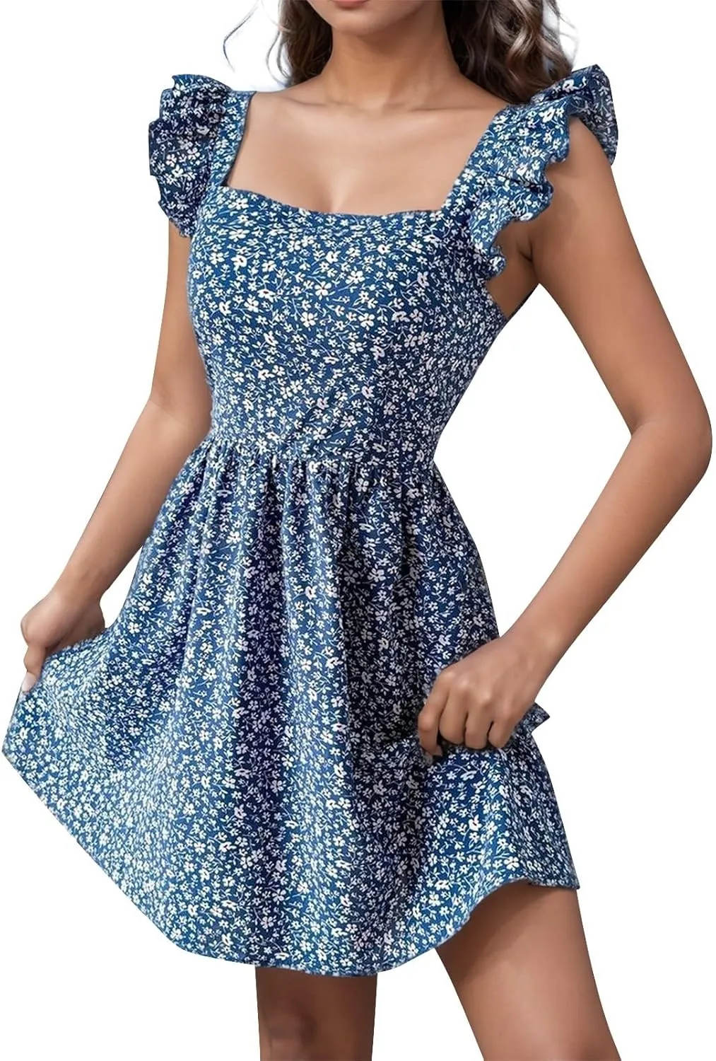 Womens Square Neck Ruffle Strap Mini Dresses High Waist Tunic Floral Bohemia Elegant Sundress 2024 Summer Beach Holiday Dress