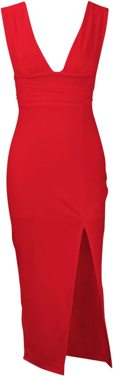 Women's Summer Plunge V Neck Sleeveless High Side Split Bodycon Long Dress Cocktail Party Wedding Guest Dresses