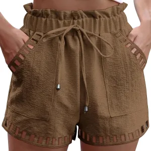 Womens Summer Shorts Cutout Elastic Drawstring Waisted Cotton Linen Casual Pants Solid Lightweight Quick Drying Travel Capris