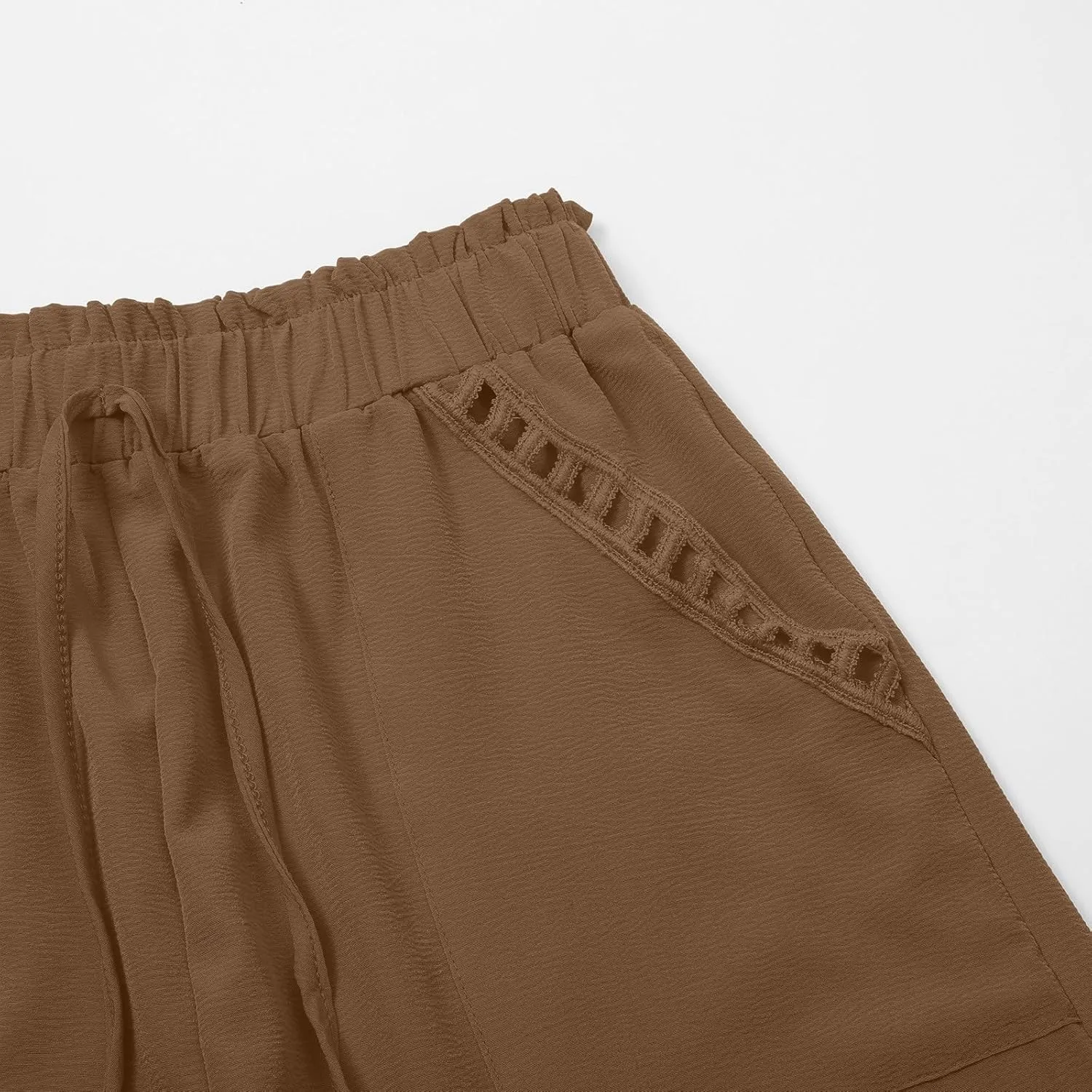 Womens Summer Shorts Cutout Elastic Drawstring Waisted Cotton Linen Casual Pants Solid Lightweight Quick Drying Travel Capris