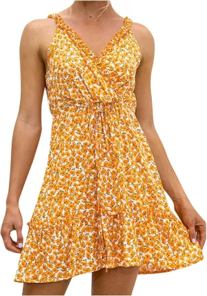 Womens V Neck Floral Mini Dresses 2024 Summer Casual Beach Vacation Dress High Waisted Tunic Ruffle Suspender Sundress