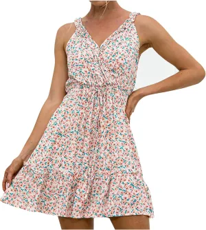 Womens V Neck Floral Mini Dresses 2024 Summer Casual Beach Vacation Dress High Waisted Tunic Ruffle Suspender Sundress