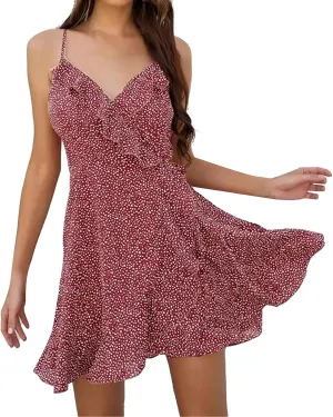 Womens V Neck Ruffle Mini Dress 2024 Summer Flowy Beach Traveling Dresses Spaghetti Strap Floral Print Swing Casual Sundress