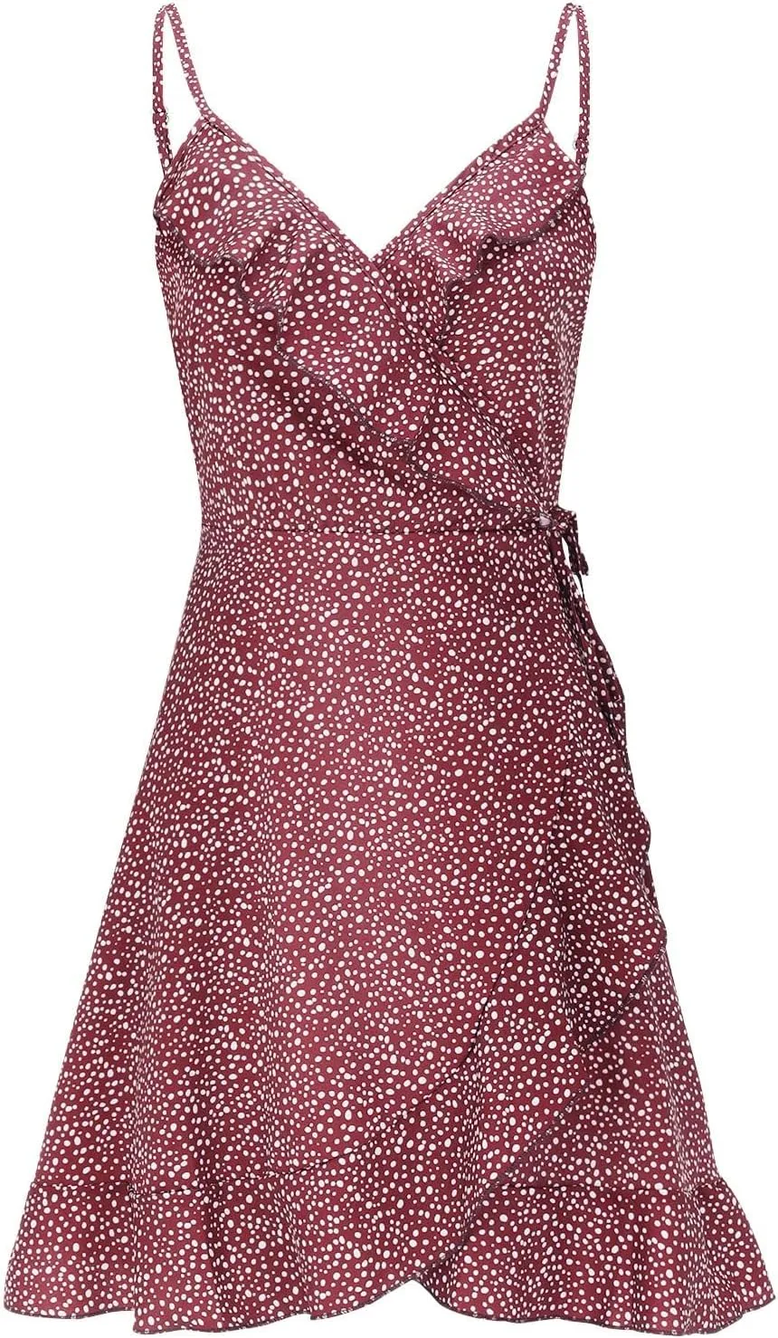 Womens V Neck Ruffle Mini Dress 2024 Summer Flowy Beach Traveling Dresses Spaghetti Strap Floral Print Swing Casual Sundress