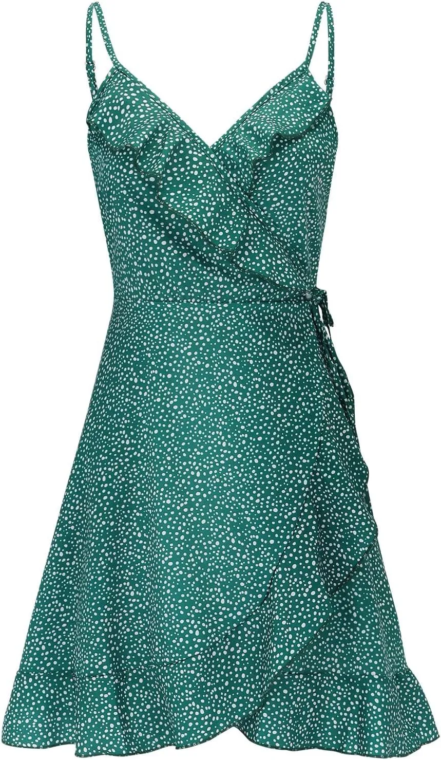 Womens V Neck Ruffle Mini Dress Spaghetti Strap Floral Print Swing Casual Sundress 2024 Summer Flowy Beach Traveling Dresses