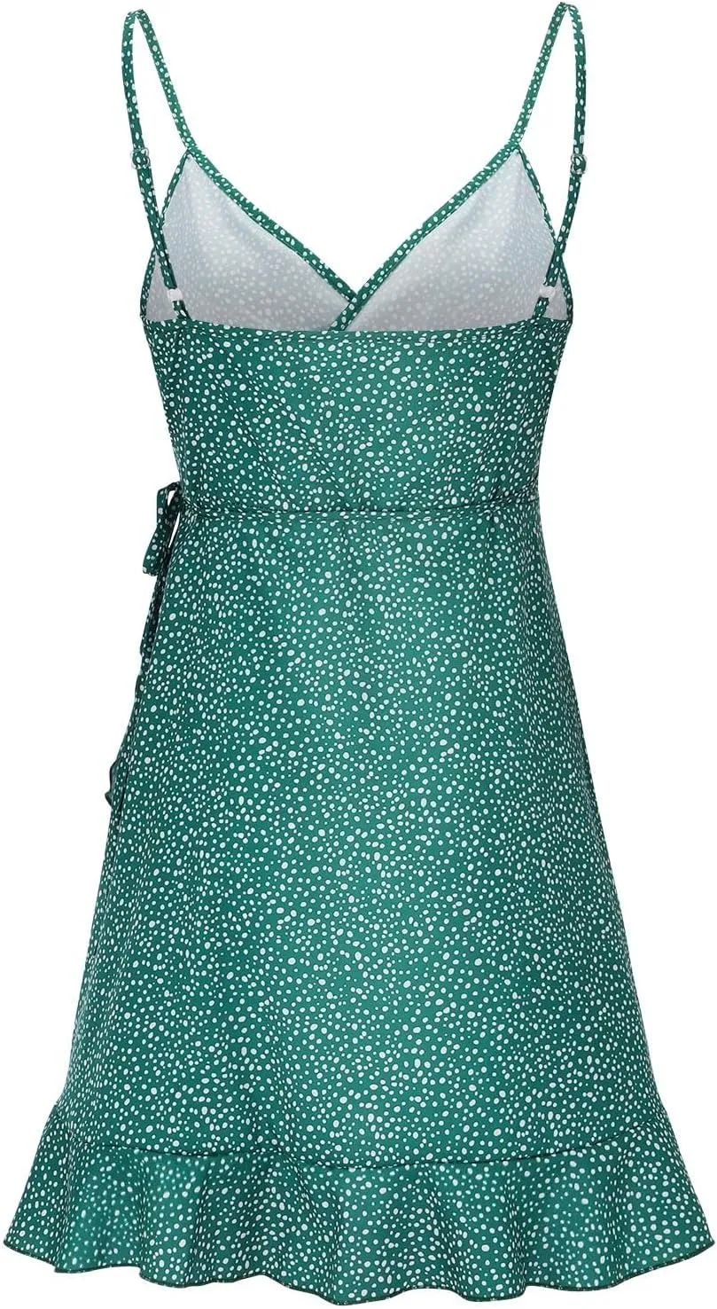 Womens V Neck Ruffle Mini Dress Spaghetti Strap Floral Print Swing Casual Sundress 2024 Summer Flowy Beach Traveling Dresses