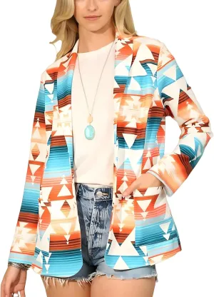 Women's Western Blazer Casual Aztec Printed Blazers Button Down Oversized Spring Color Suit Jacket, X-Large, Style1
