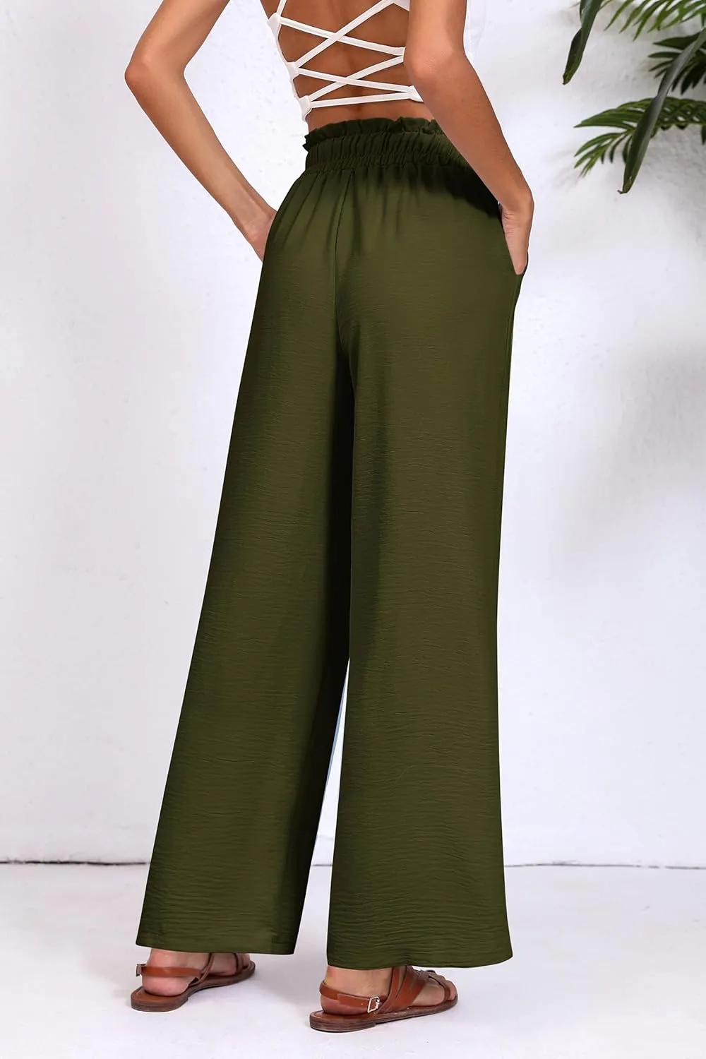 Womens Wide Leg Casual Pants with Pockets Loose Flowy High Waisted Lounge Trousers