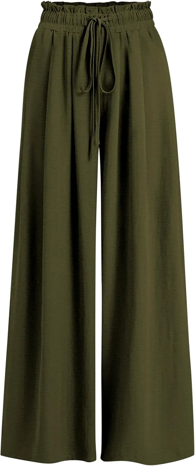 Womens Wide Leg Casual Pants with Pockets Loose Flowy High Waisted Lounge Trousers