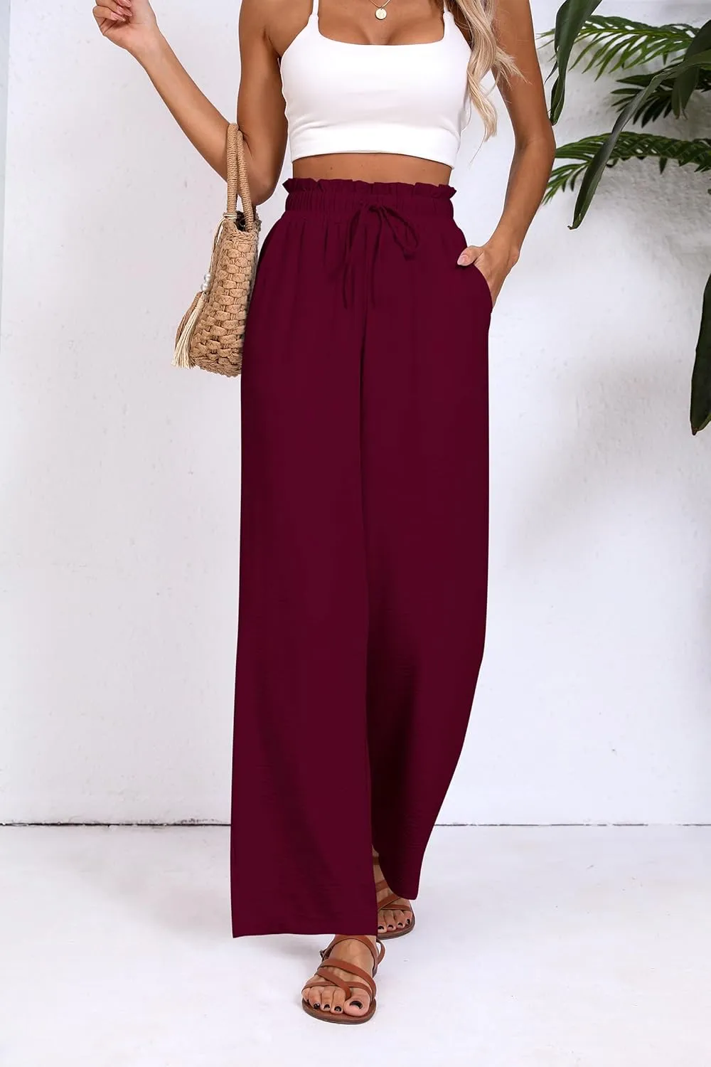 Womens Wide Leg Casual Pants with Pockets Loose Flowy High Waisted Lounge Trousers