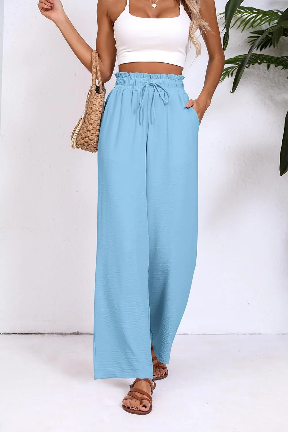 Womens Wide Leg Casual Pants with Pockets Loose Flowy High Waisted Lounge Trousers