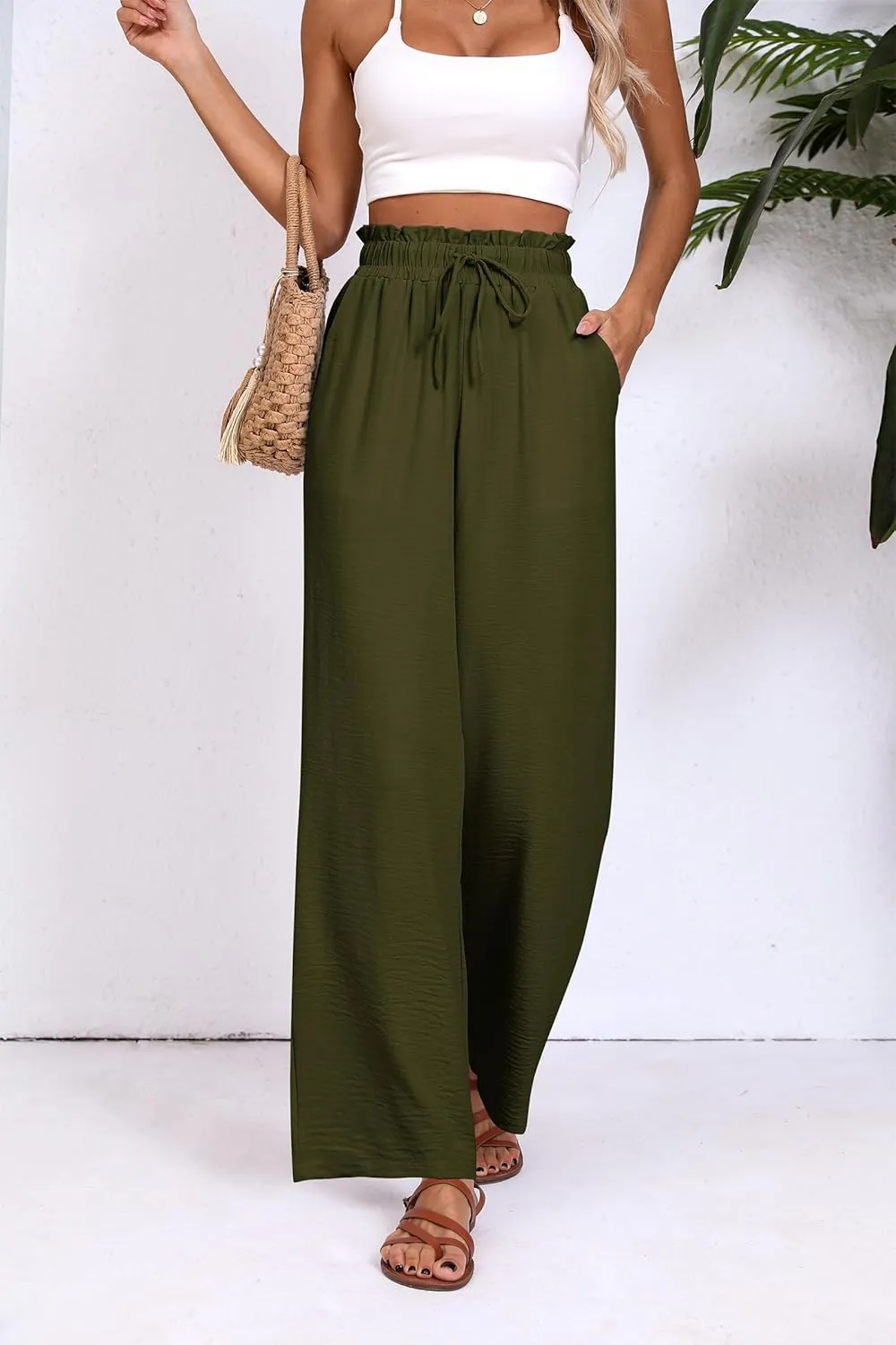 Womens Wide Leg Casual Pants with Pockets Loose Flowy High Waisted Lounge Trousers