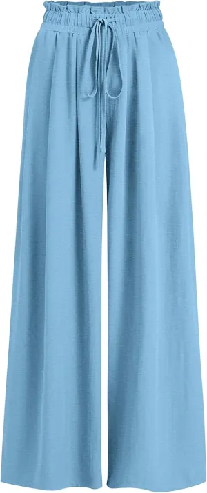 Womens Wide Leg Casual Pants with Pockets Loose Flowy High Waisted Lounge Trousers