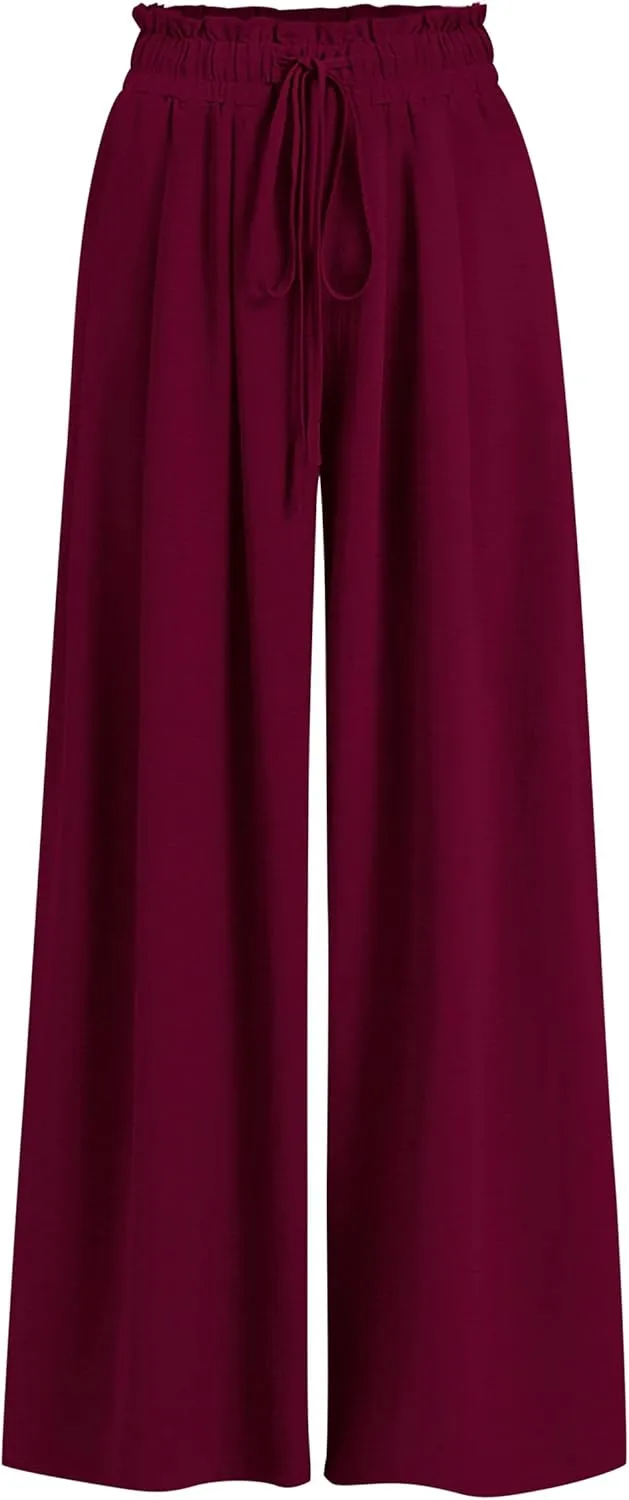 Womens Wide Leg Casual Pants with Pockets Loose Flowy High Waisted Lounge Trousers