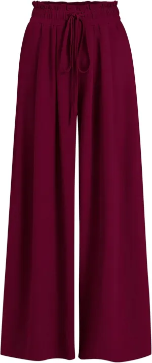 Womens Wide Leg Casual Pants with Pockets Loose Flowy High Waisted Lounge Trousers
