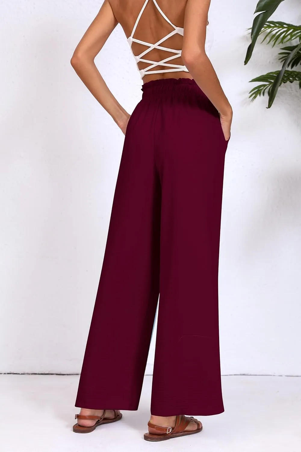 Womens Wide Leg Casual Pants with Pockets Loose Flowy High Waisted Lounge Trousers