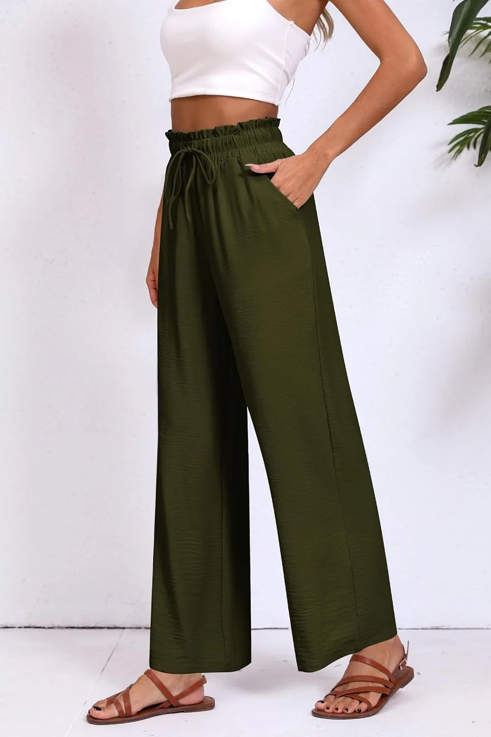 Womens Wide Leg Casual Pants with Pockets Loose Flowy High Waisted Lounge Trousers