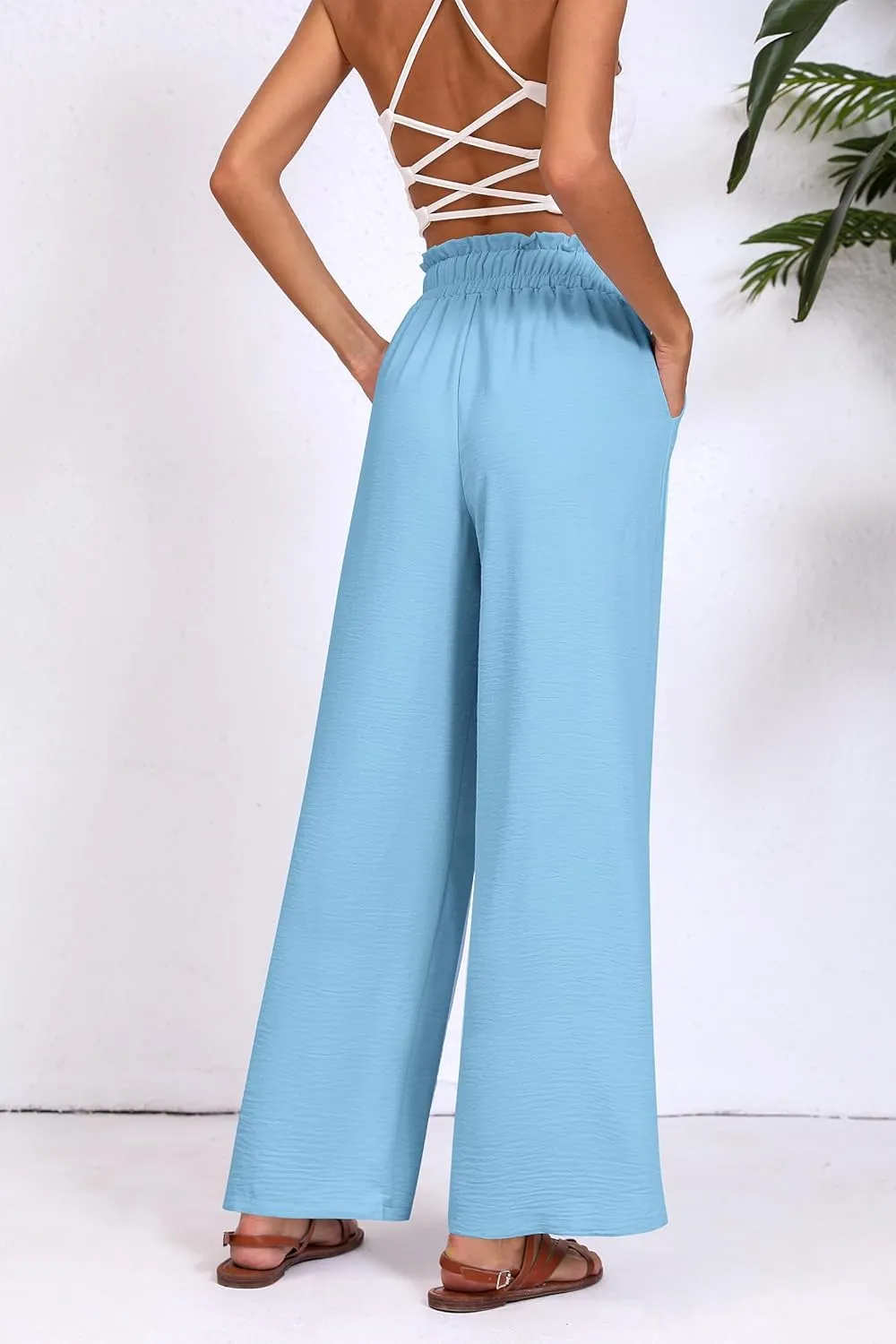 Womens Wide Leg Casual Pants with Pockets Loose Flowy High Waisted Lounge Trousers