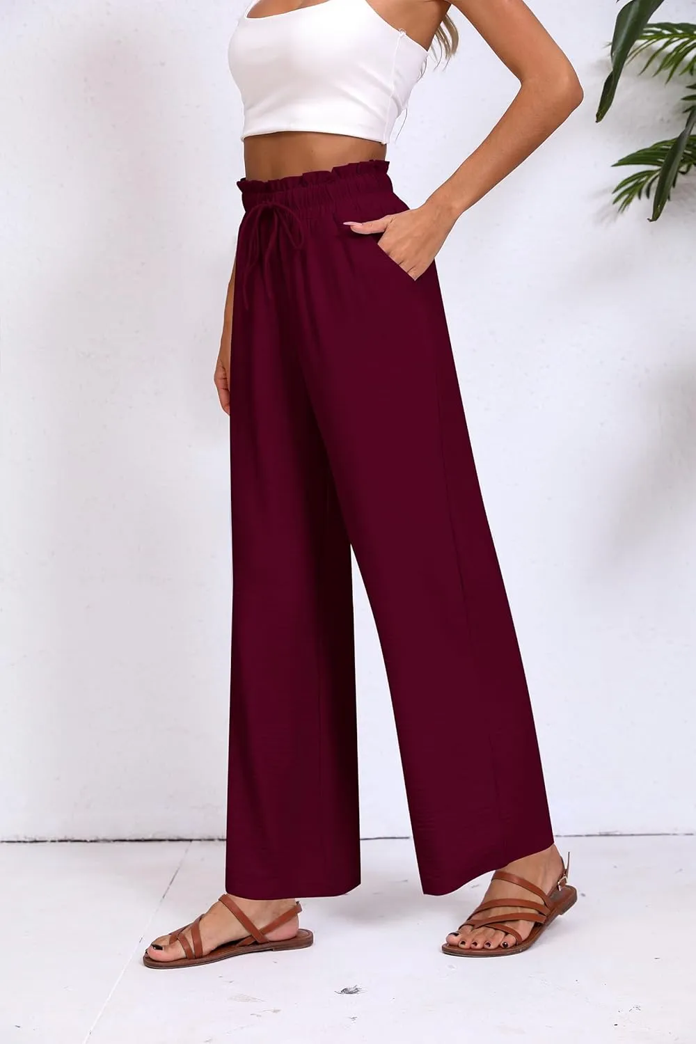 Womens Wide Leg Casual Pants with Pockets Loose Flowy High Waisted Lounge Trousers