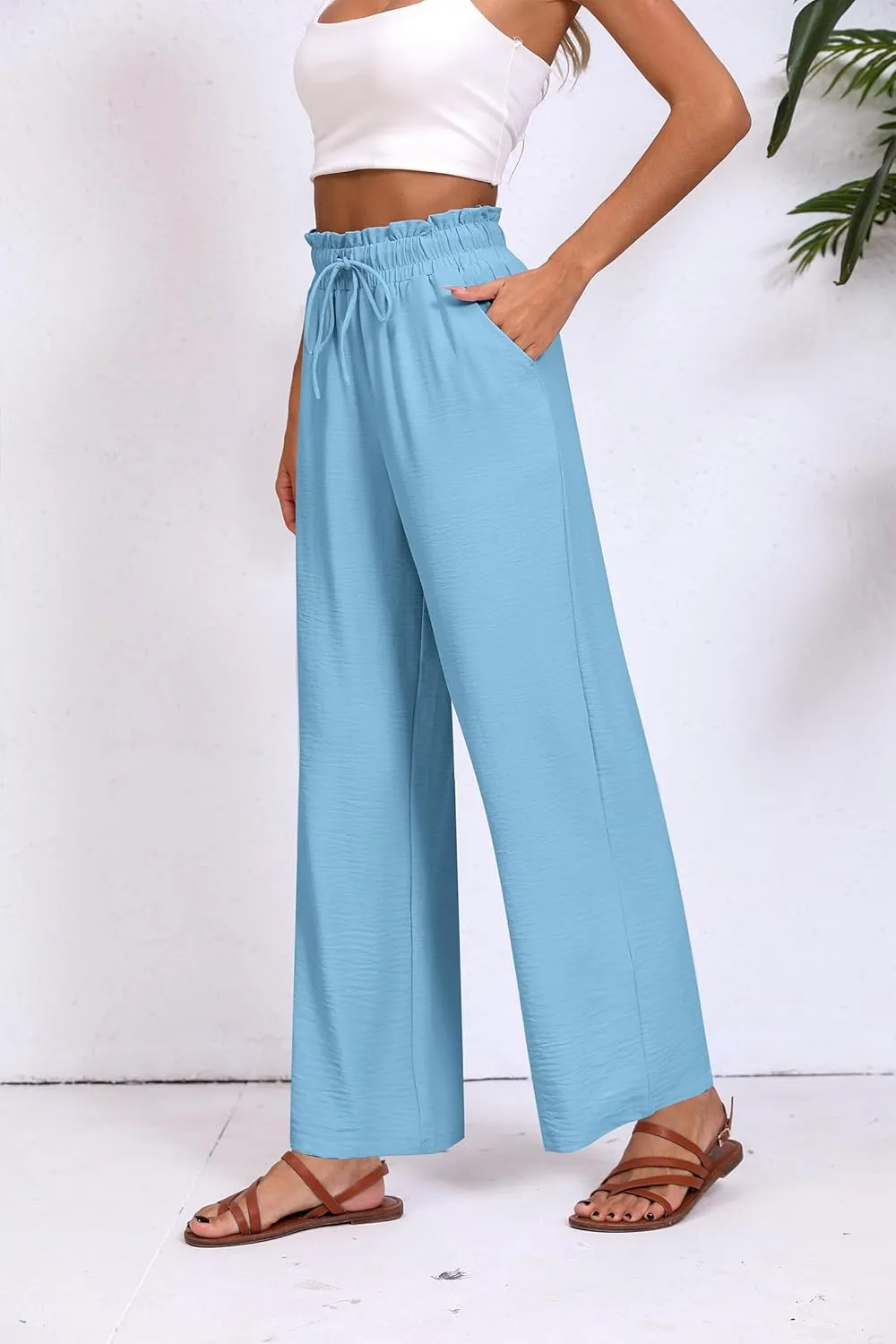 Womens Wide Leg Casual Pants with Pockets Loose Flowy High Waisted Lounge Trousers