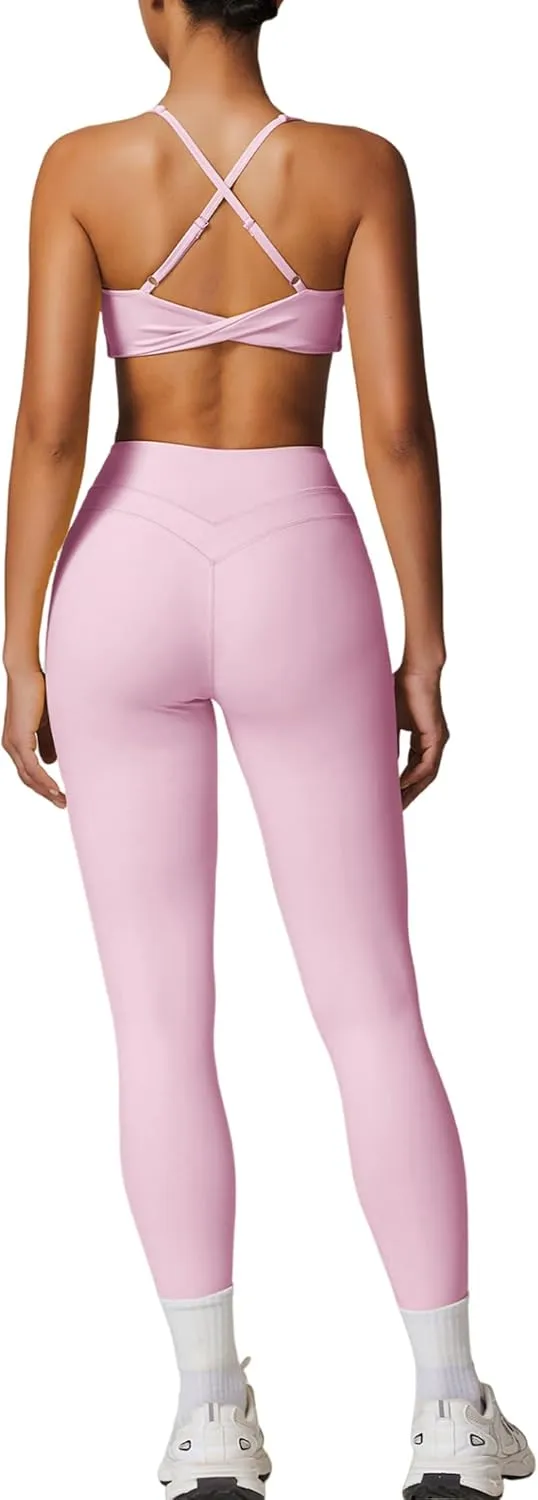 Womens Workout Sets Adjustable Straps Sports Bras and High Waist Leggings Sets Pilates 2 Piece Outfits for Women