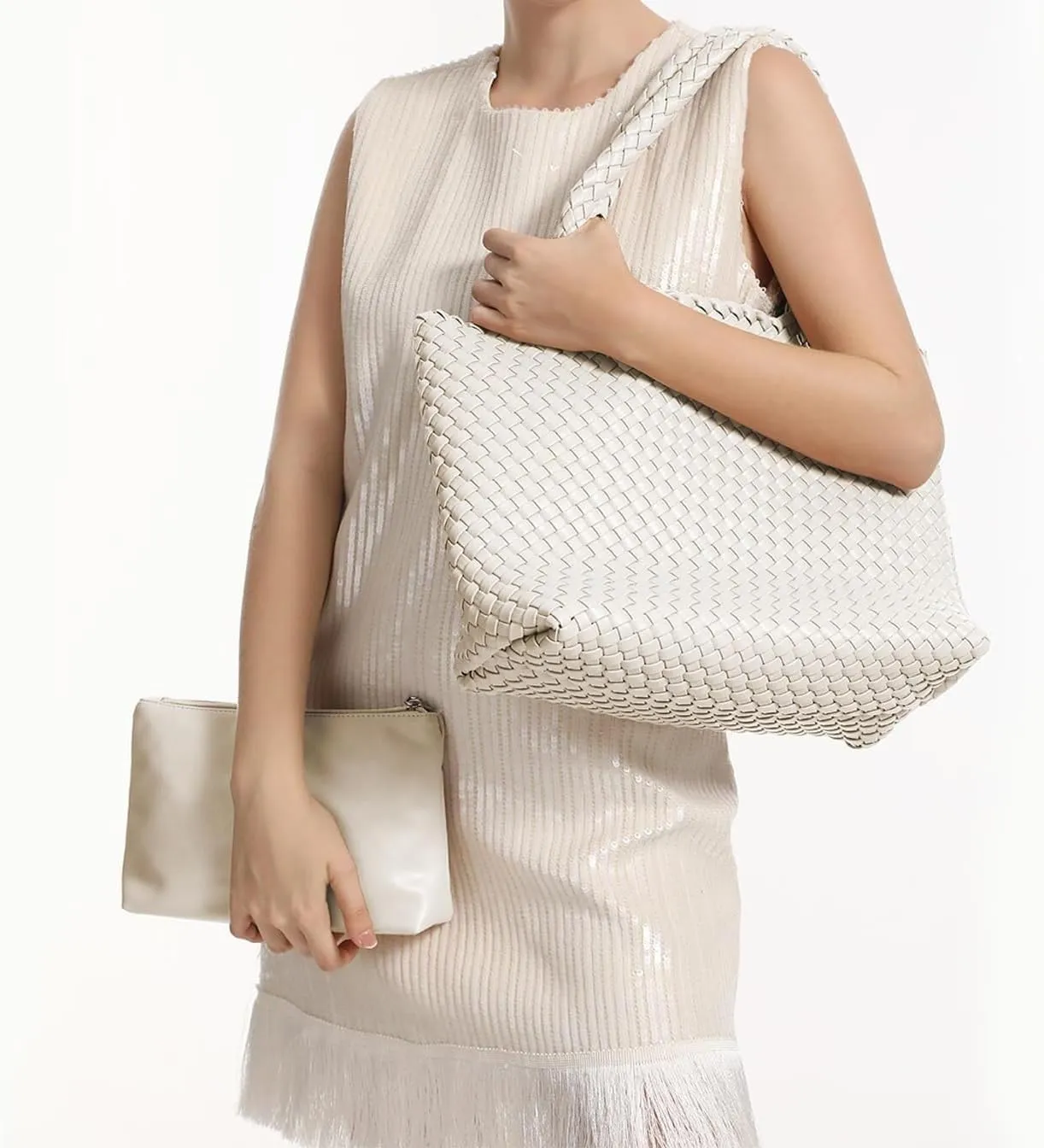 Women's Woven Crossbody Hobo Bag, Handle Shoulder Bag Vegan Leather Shopping Bag Large Travel Tote Bag with Wallet