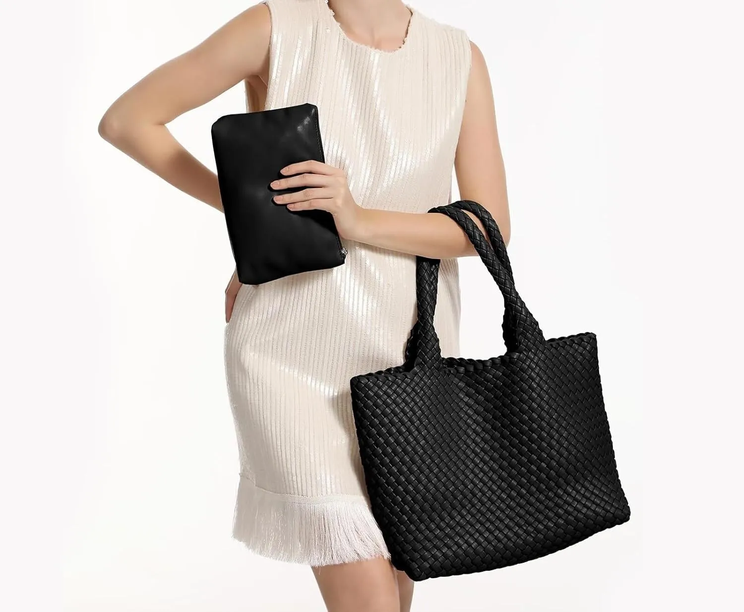 Women's Woven Crossbody Hobo Bag, Handle Shoulder Bag Vegan Leather Shopping Bag Large Travel Tote Bag with Wallet