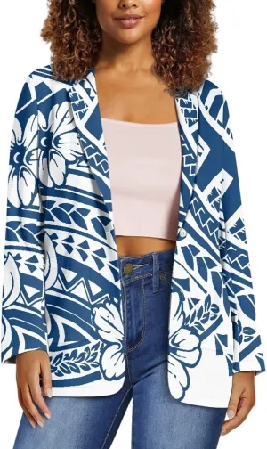 Worsted Knit Fabric Blazer Jackets Samoa Tropical Tribe Totem Design Custom Women Blazer Long Sleeve with Pockets