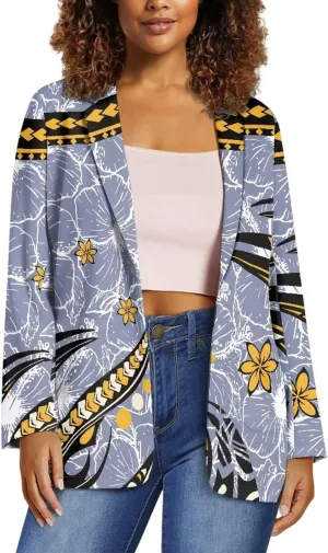 Worsted Knit Fabric Blazer Jackets Samoa Tropical Tribe Totem Design Custom Women Blazer Long Sleeve with Pockets