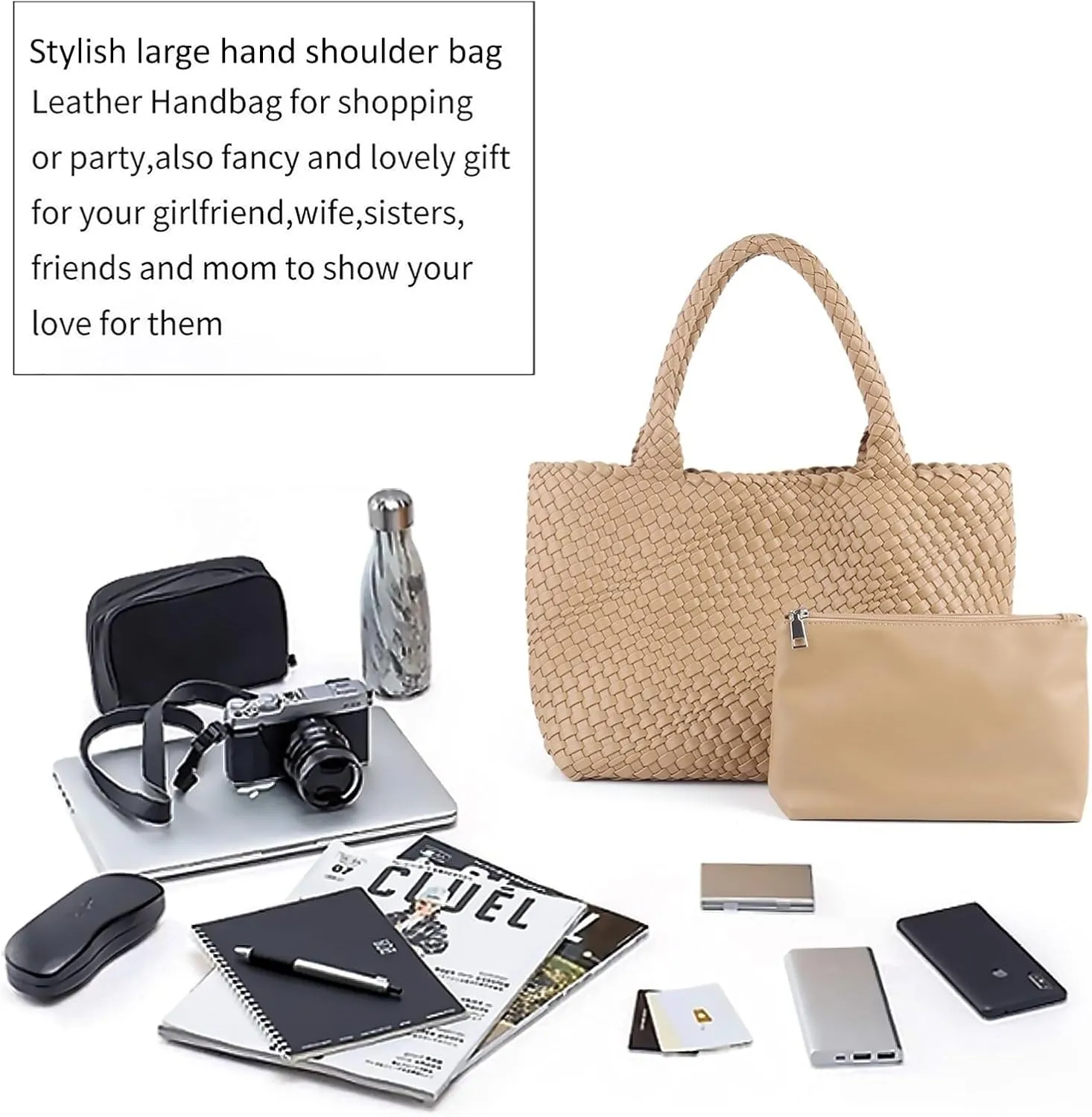 Woven Bag for Women,Fashion Top Handle Shoulder Bag Vegan Leather Shopper Bag Large Travel Tote Bag with Purse