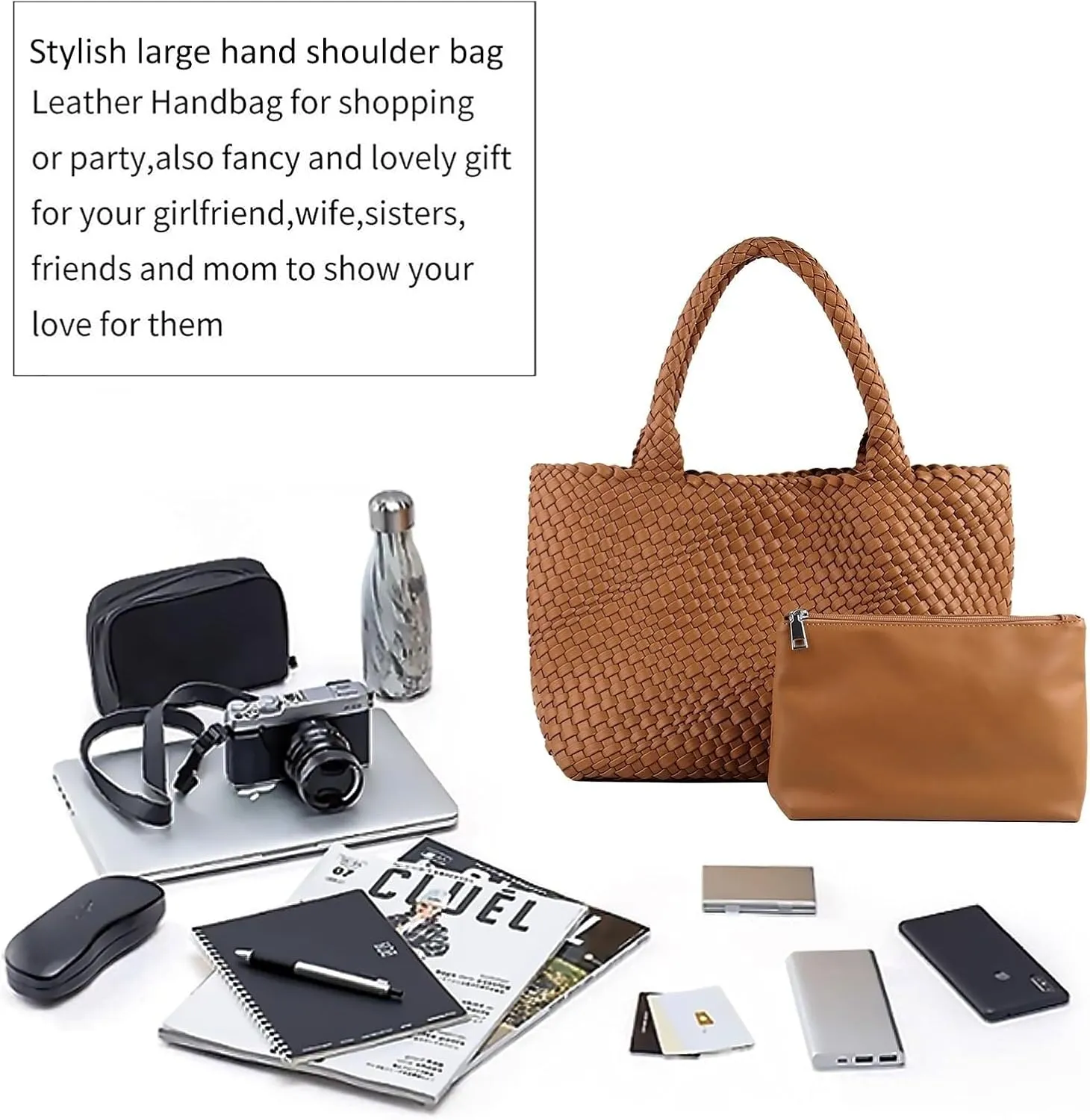 Woven Bag for Women,Fashion Top Handle Shoulder Bag Vegan Leather Shopper Bag Large Travel Tote Bag with Purse