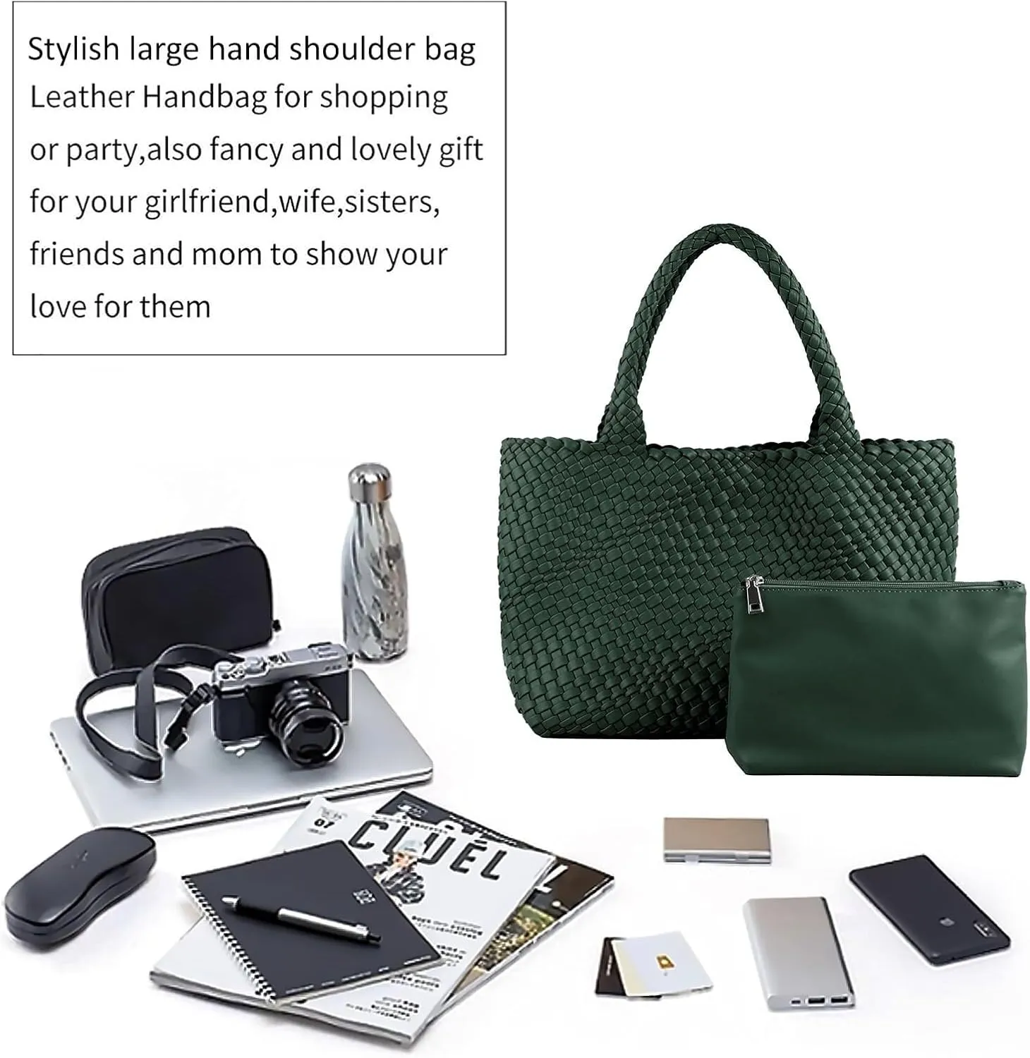 Woven Bag for Women,Fashion Top Handle Shoulder Bag Vegan Leather Shopper Bag Large Travel Tote Bag with Purse