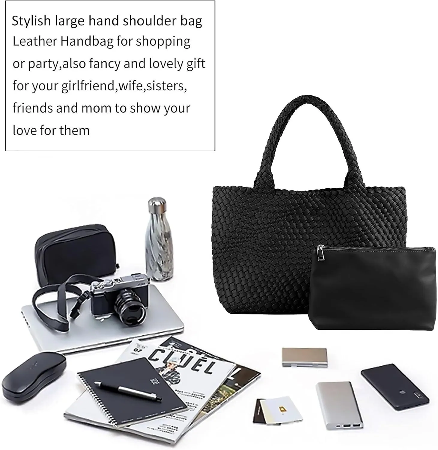 Woven Bag for Women,Fashion Top Handle Shoulder Bag Vegan Leather Shopper Bag Large Travel Tote Bag with Purse