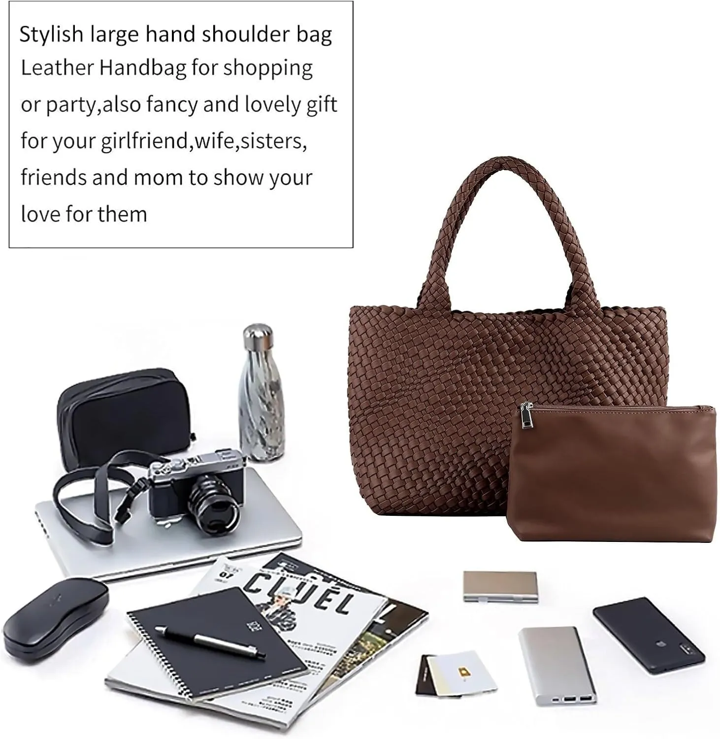 Woven Bag for Women,Fashion Top Handle Shoulder Bag Vegan Leather Shopper Bag Large Travel Tote Bag with Purse