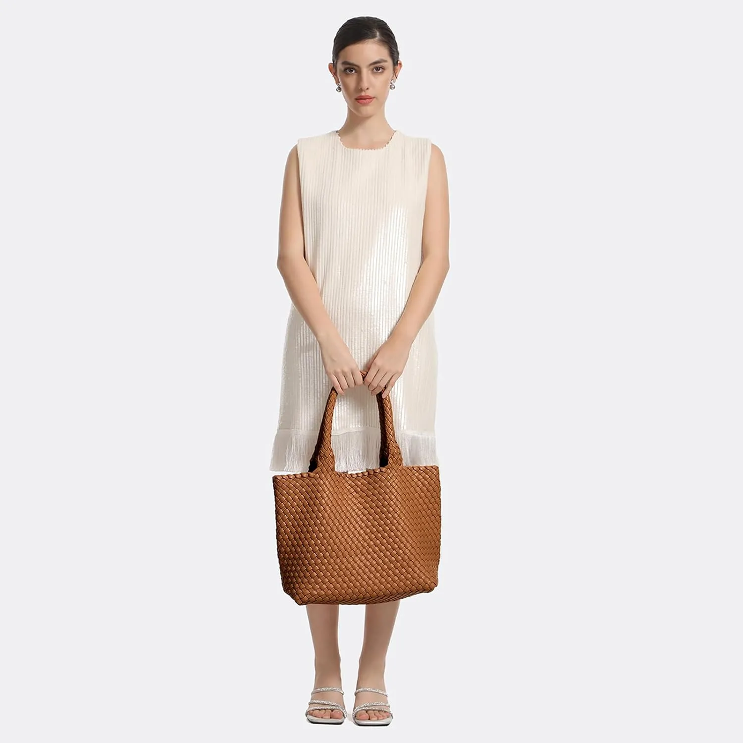 Woven Tote Bag for Women,Fashion Top Handle Shoulder Bag Vegan Leather Shopper Bag Large Travel Tote Bag with Purse