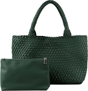 Woven Tote Bag for Women,Fashion Top Handle Shoulder Bag Vegan Leather Shopper Bag Large Travel Tote Bag with Purse