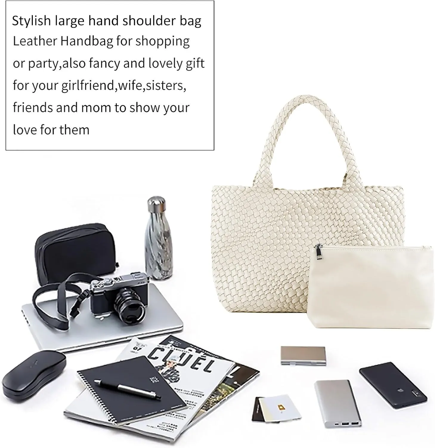 Woven Tote Bag for Women,Fashion Top Handle Shoulder Bag Vegan Leather Shopper Bag Large Travel Tote Bag with Purse