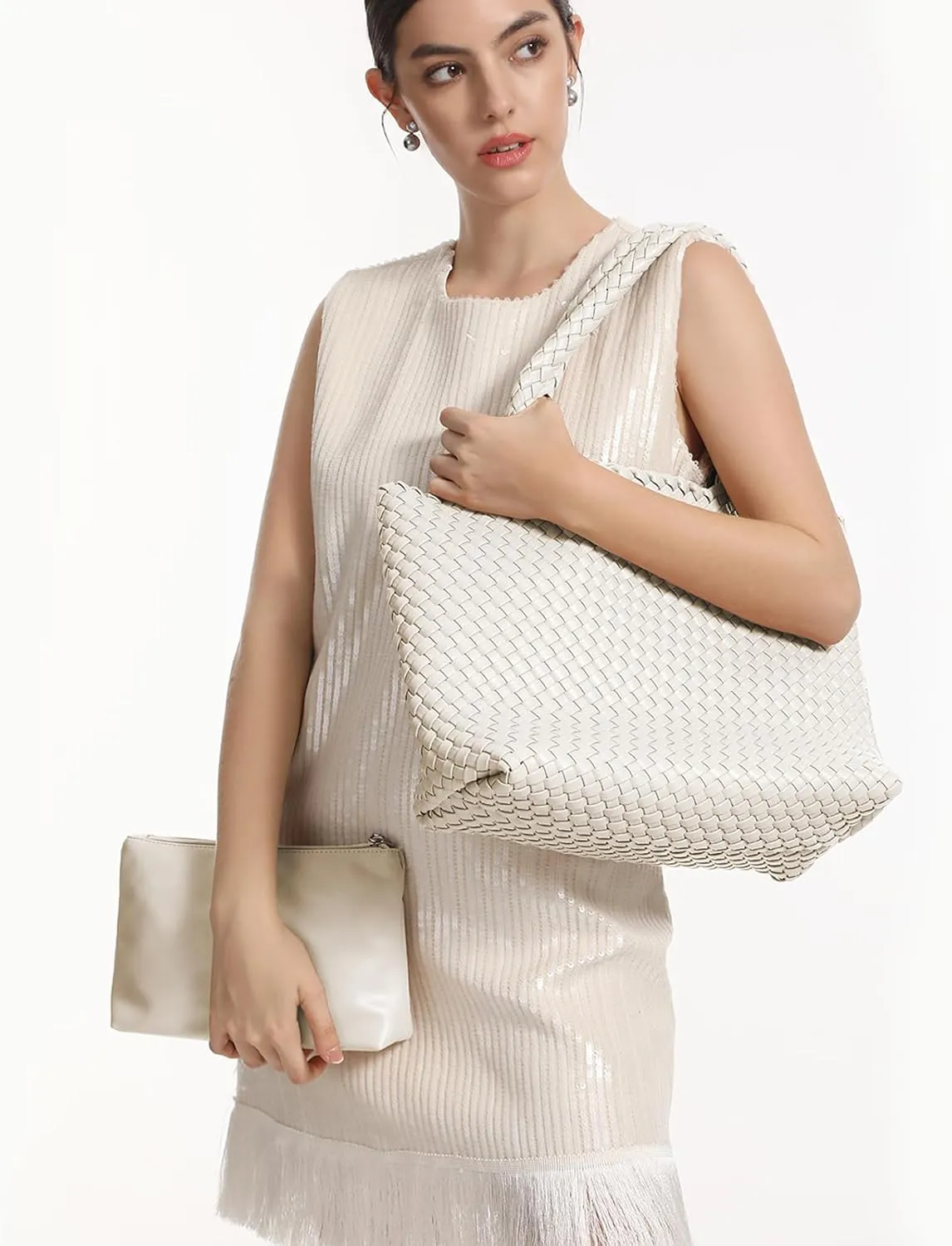 Woven Tote Bag for Women,Fashion Top Handle Shoulder Bag Vegan Leather Shopper Bag Large Travel Tote Bag with Purse