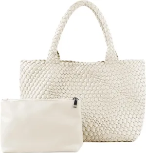 Woven Tote Bag for Women,Fashion Top Handle Shoulder Bag Vegan Leather Shopper Bag Large Travel Tote Bag with Purse