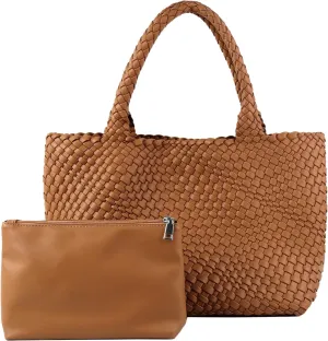 Woven Tote Bag for Women,Fashion Top Handle Shoulder Bag Vegan Leather Shopper Bag Large Travel Tote Bag with Purse
